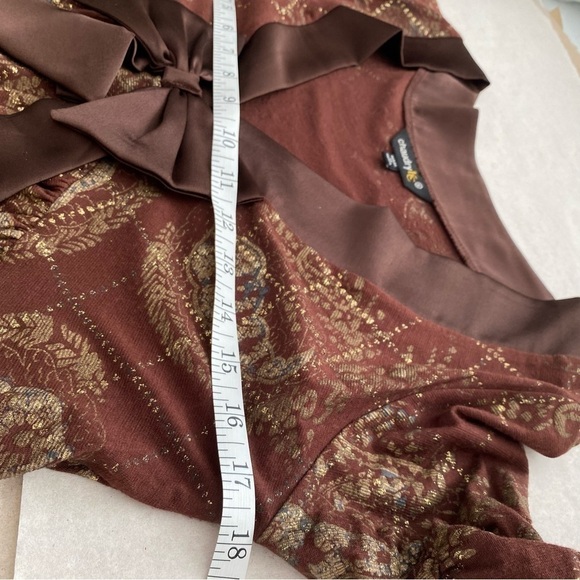 Chaudry KC Pattern Brown Metallic Gold Mini Dress Short Sleeve V-neck Bow Small - Picture 13 of 15